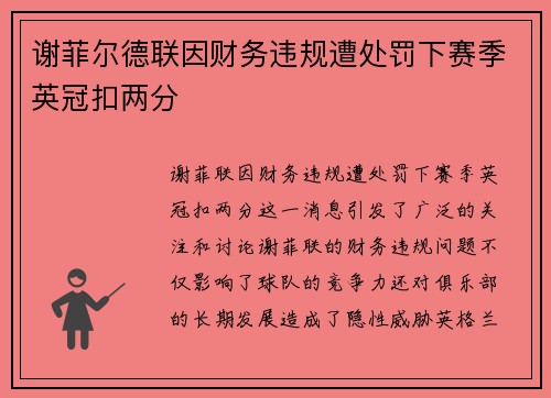 谢菲尔德联因财务违规遭处罚下赛季英冠扣两分